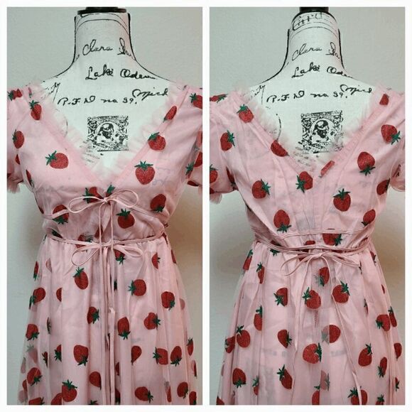 🍓 Strawberry Mesh Tulle Girly Cute Pink Puff Sleeve Glitter Midi Dress S NWT - Picture 6 of 16